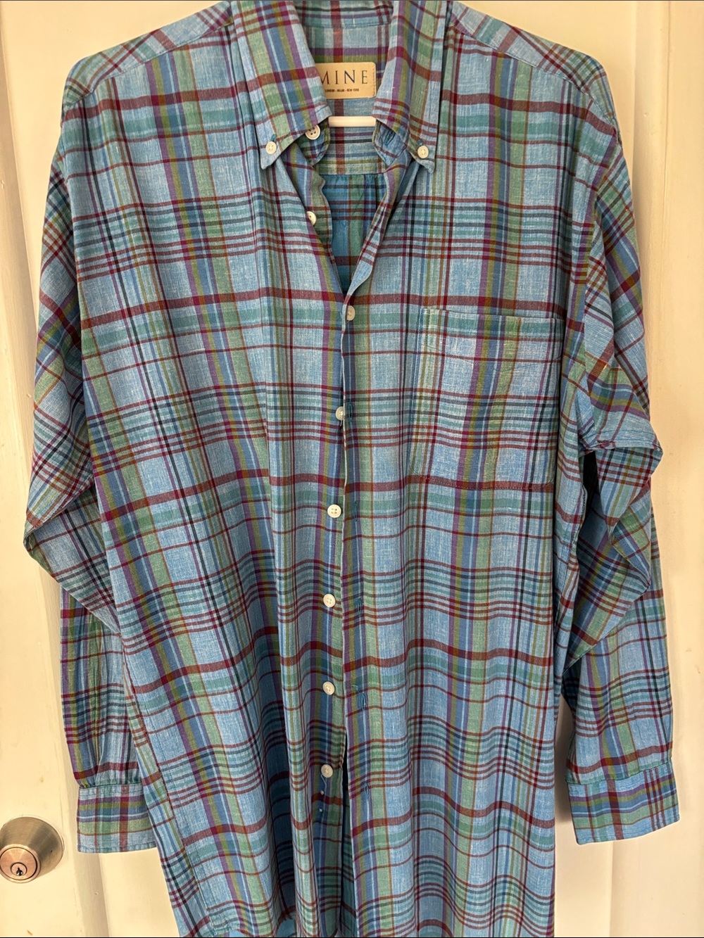 MINE medium Blue Plaid Button-Down Shirt with Green & Burgundy Stripes